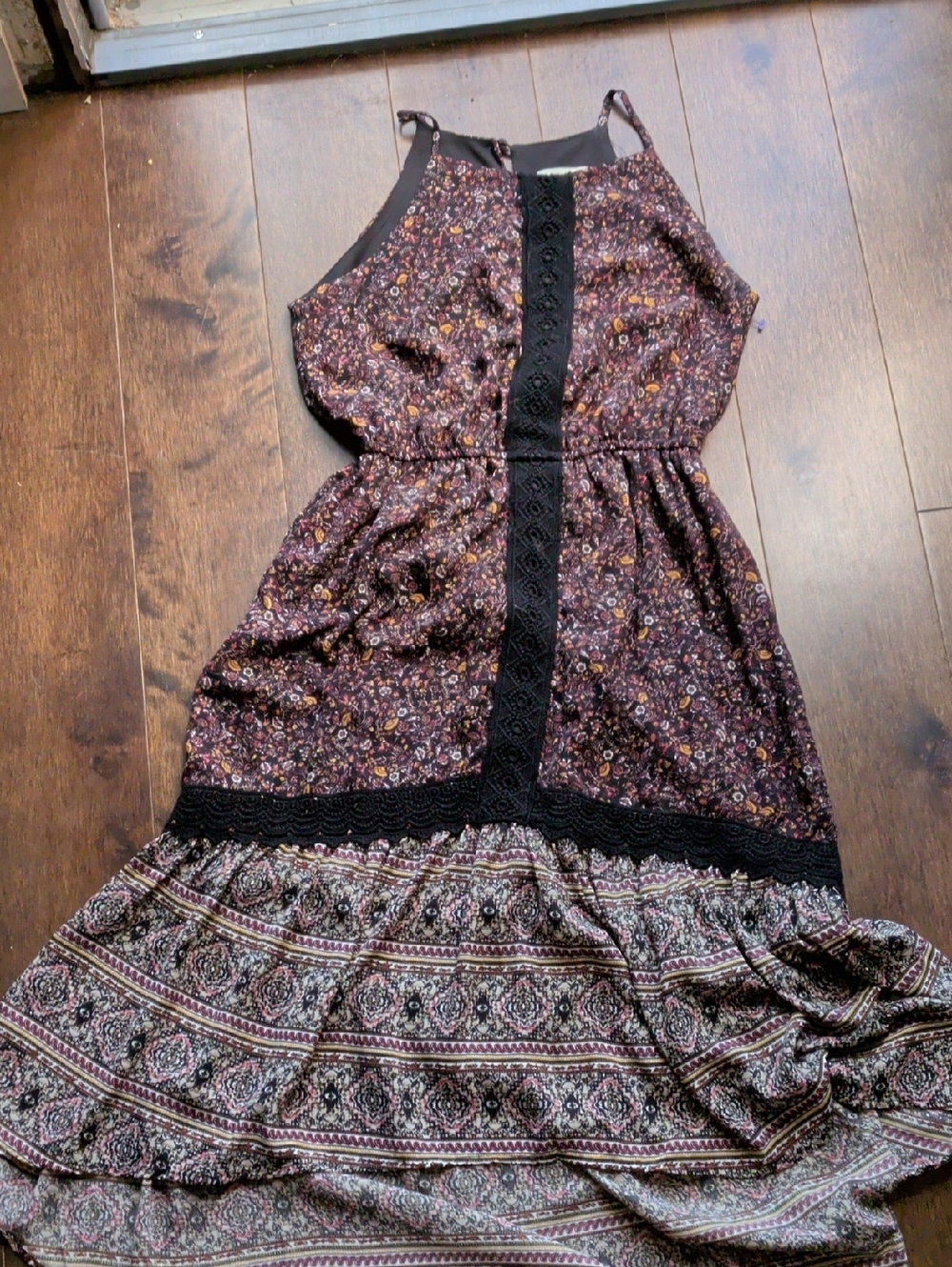 Floral Halter Maxi Dress with Black Lace Trim - Purple